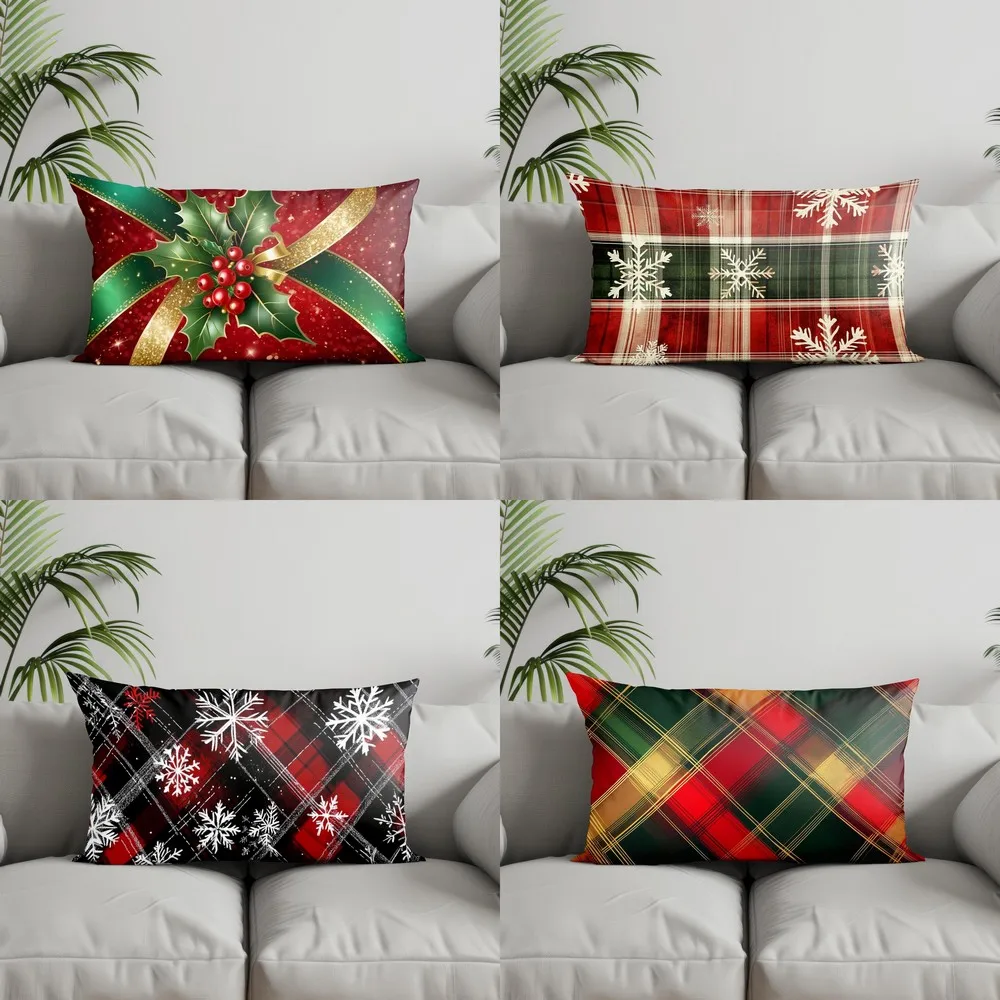 Home Decor Christmas Plaid & Holly Pillow Suitable For Sofa Bedroom Car Pillow Cover Cushion Rectangular Back Cushion