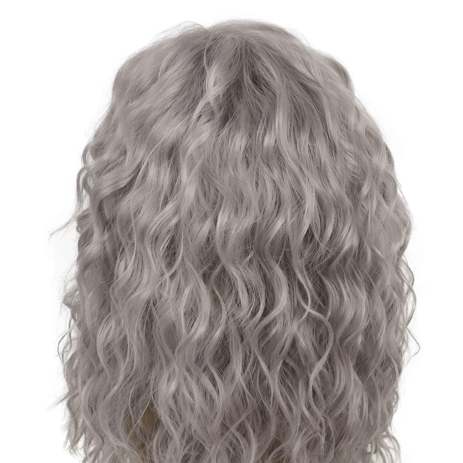 グレーの前髪付き合成ロングウェーブヘア80年代風ウィッグ男性用パンクヘアスタイルヴィンテージグレーカラーハロウィンコスチューム