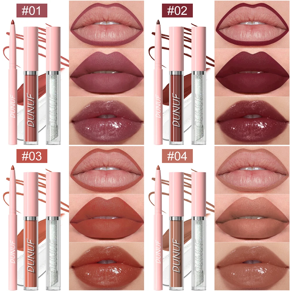 DUNUF 3Pc/set Red Matte Liquid Lipstick Nude Brown Lip Liner Pencil Kit Pigment Waterproof Lip Gloss Oil Lasting Lip Tint Kit