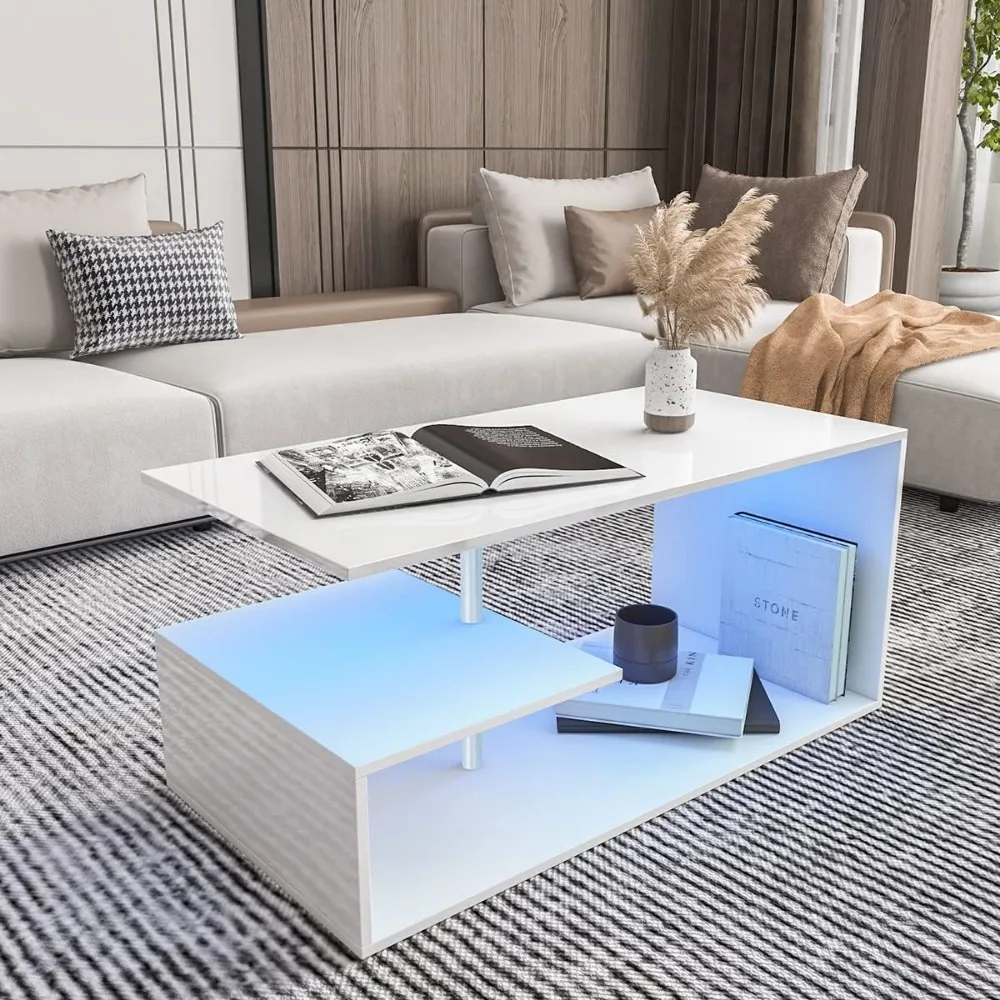 LED Coffee Tables for Living Room Modern White Coffee Table with S-Shaped 3 Tiers Open Storage  for Home Office White 18"Tall