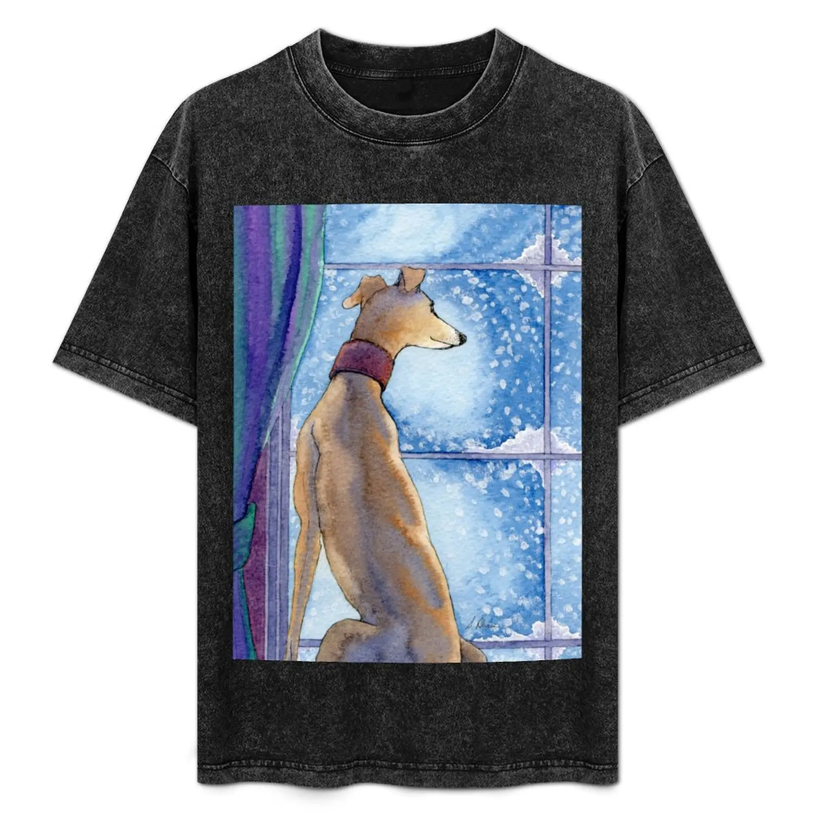 

Greyhound dog sits in the warm watching the snow fall outside T-Shirt Athletic Quick Dry T-Shirt for Men