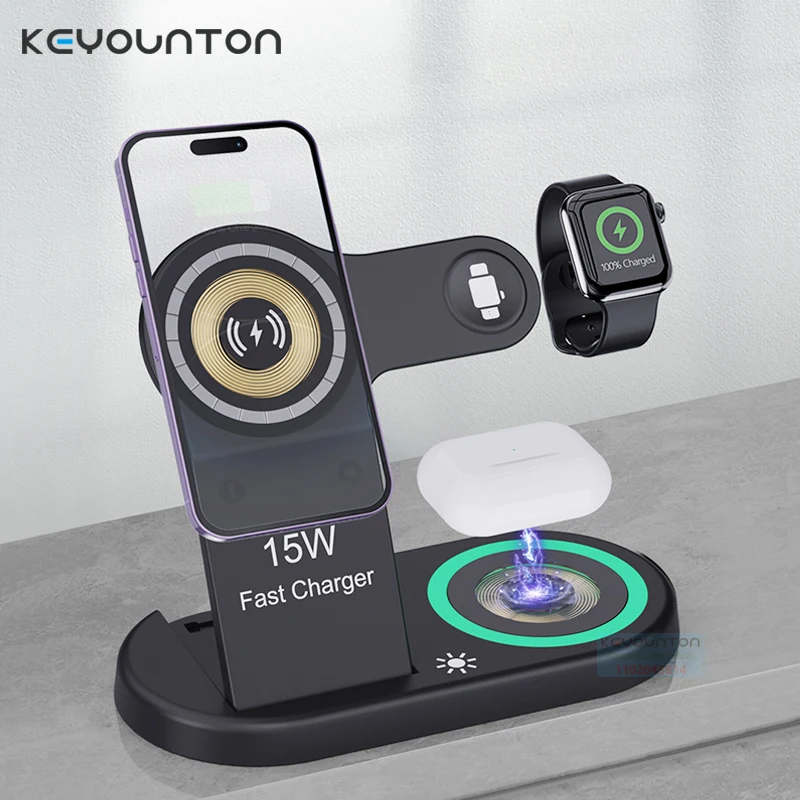 

Magnetic Wireless 3 in 1 Charger Stand For iPhone16 15 14 13 12 11 iWatch10 9 Airpods Pro Fast Transparent Charging Dock Station