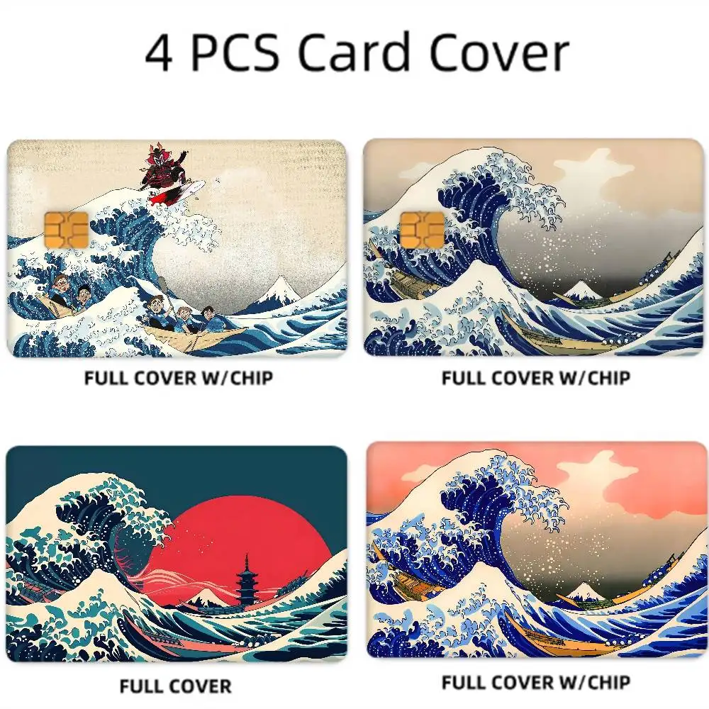 Japanische Wellenkunst, 1 Set mit 4 Stück, Kreditkarten-Skin-Aufkleber für VISA-Bankkarten, wasserfester Aufkleber, kratzfest, Geschenk für Frauen