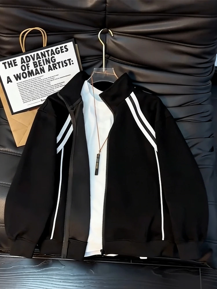 

American Sle Heavyweight Striped Open Cardigan Sweatirt Men Spring New High-End Feeling Cool Stand Collar Jaet Coat