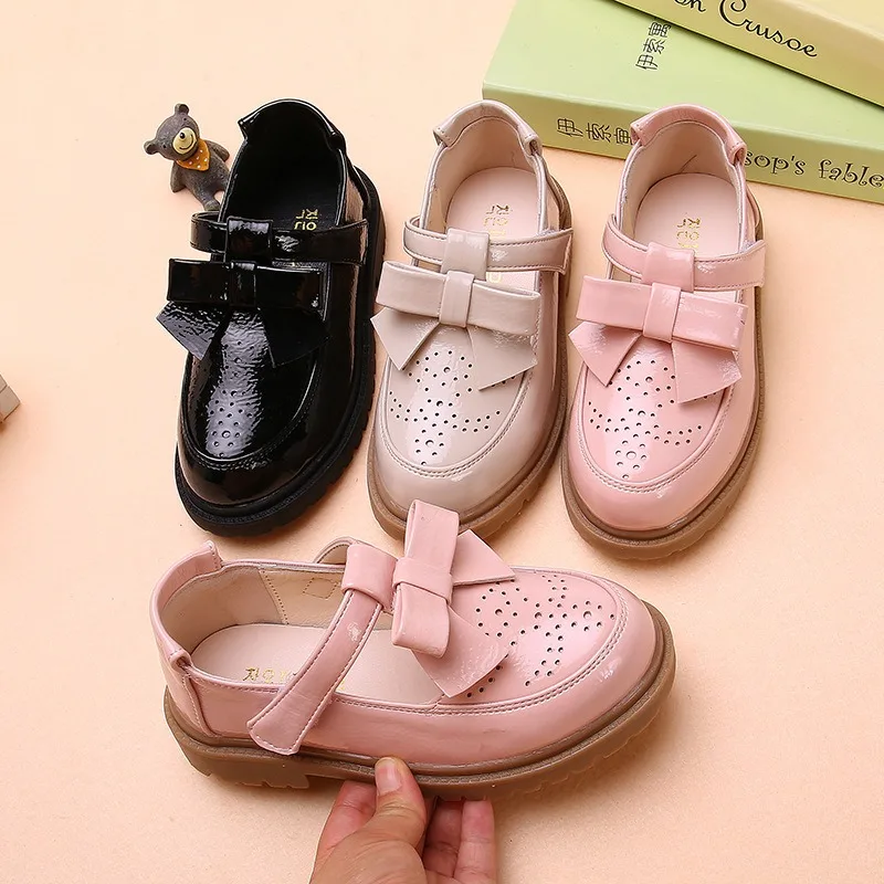 British Style Black School Girl Shoes Glossy Children\'s Leather Shoes Spring Autumn Bowtie Versatile Kids Causal Princess Shoes