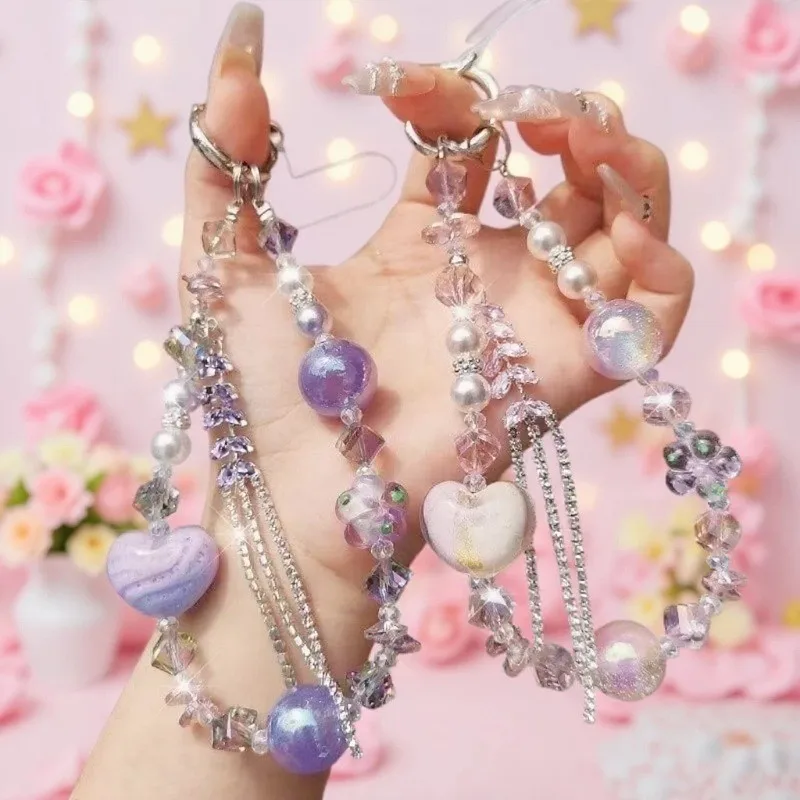 

1Pcs Cute Love Tassel Phone Chain Premium Crystal Bead Hanging Chain Short Handheld Chain Phone Rope
