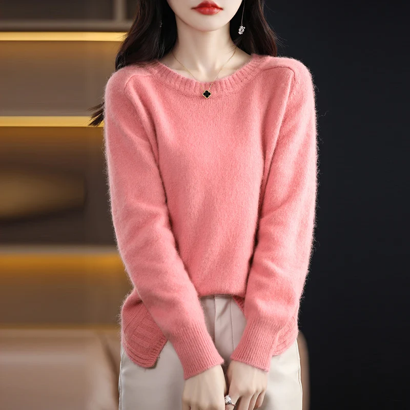 

Women' Thicken 100% Mink Cashmere Sweater O-Neck Large Size Knitted Pullover Long Sleeve Split Blouse Autumn New Jacquard Jacket