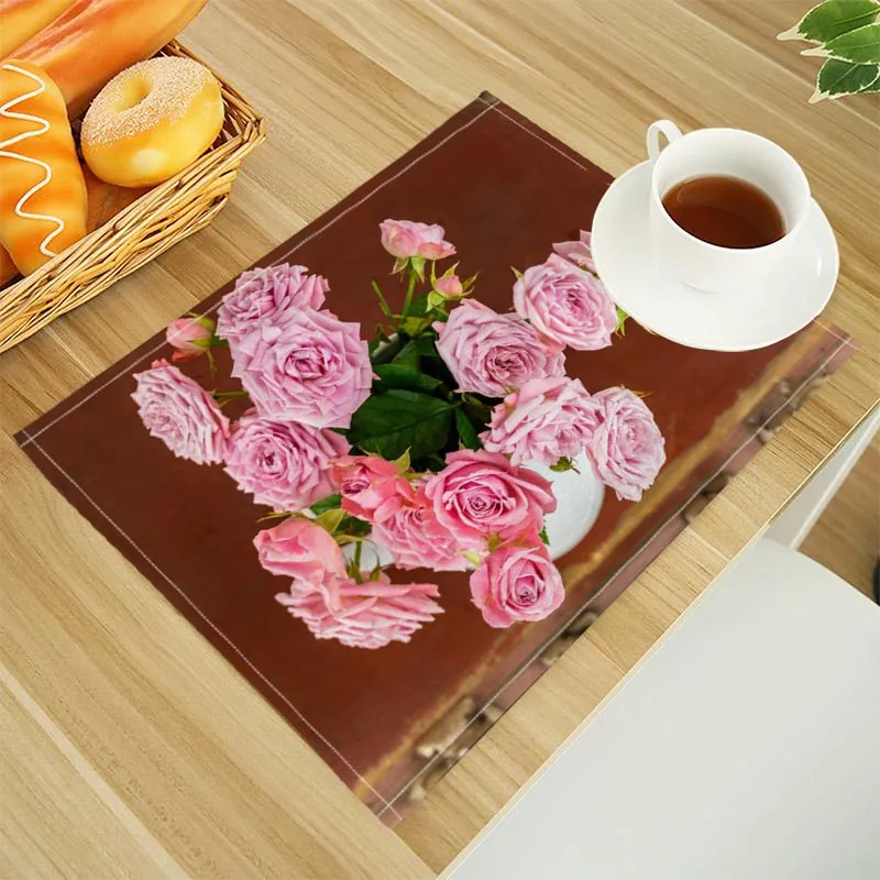 Pink Rose Print Linen Dining Table Mats Alphabet Kitchen Placemat 32X45cm Coasters Pads Bowl Cup Mat