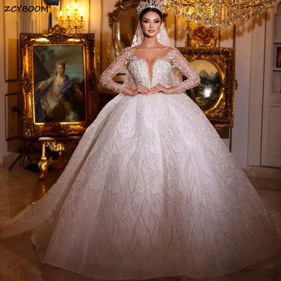 

Exquisite Ivory Long Sleeves Ball Gown Wedding Dresses 2023 Princess Lace V-Neck Glitter Sequined Bride Gowns Vestido De Novia