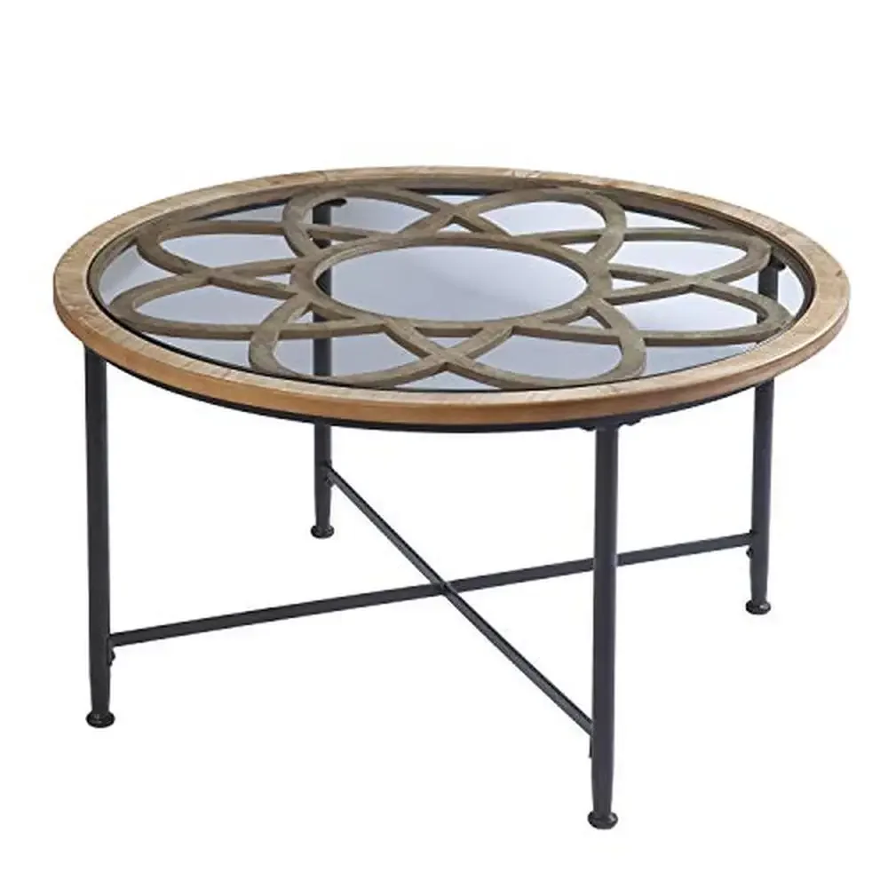 Round Glass Top Cocktail Table with Floral Design Mixed-material Construction Small Space Friendly Modern Farmhouse Style