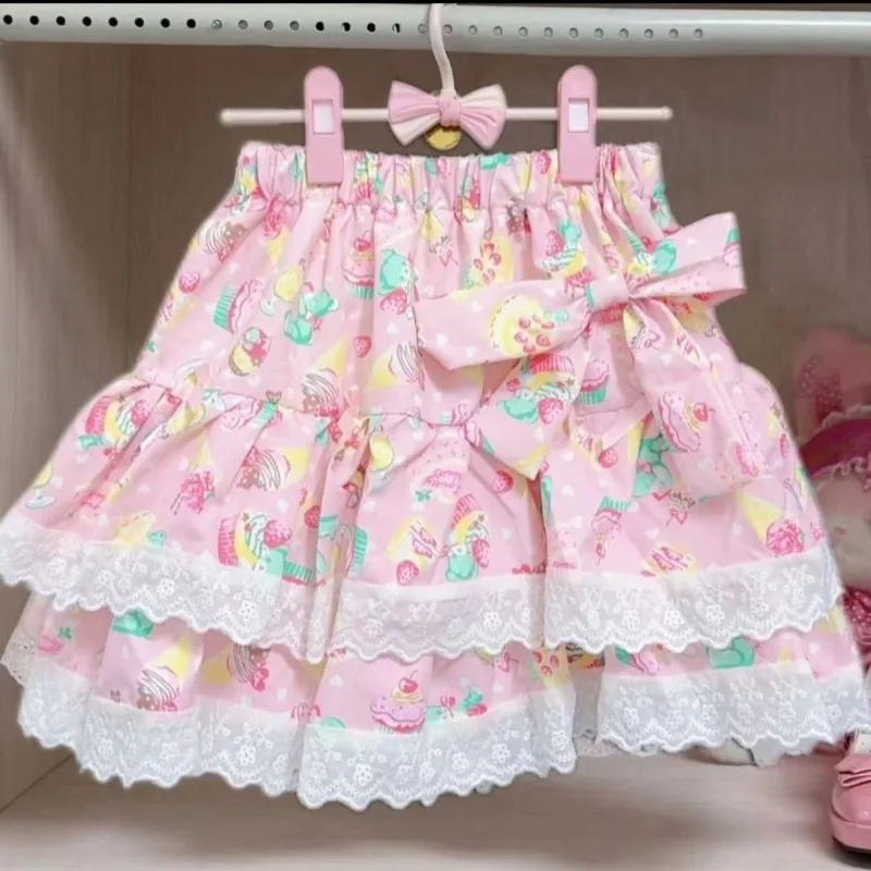 Summer Kawaii Cake Pattern Short Skirt Japanese Sweet Lolita Lace Splice Pleated Skirt Y2k High Waist A Line Mini Street Skirt