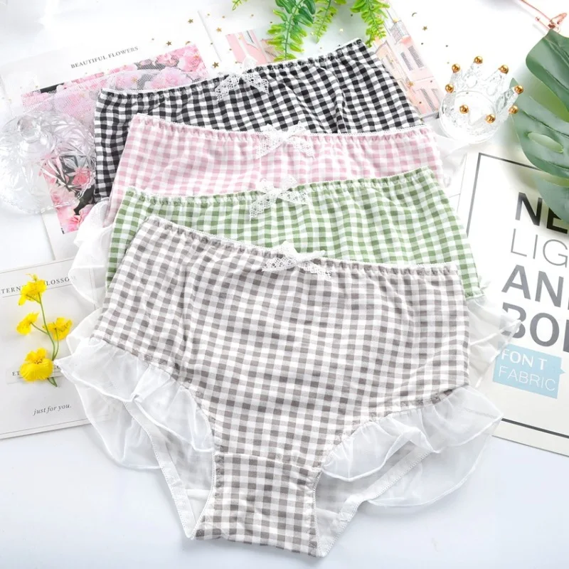 Japanese Style Princess Cotton Lattice Ruffles Cute Lovely Sweety Women's Panties Middle Waist Elasticity Soft Female Underwear