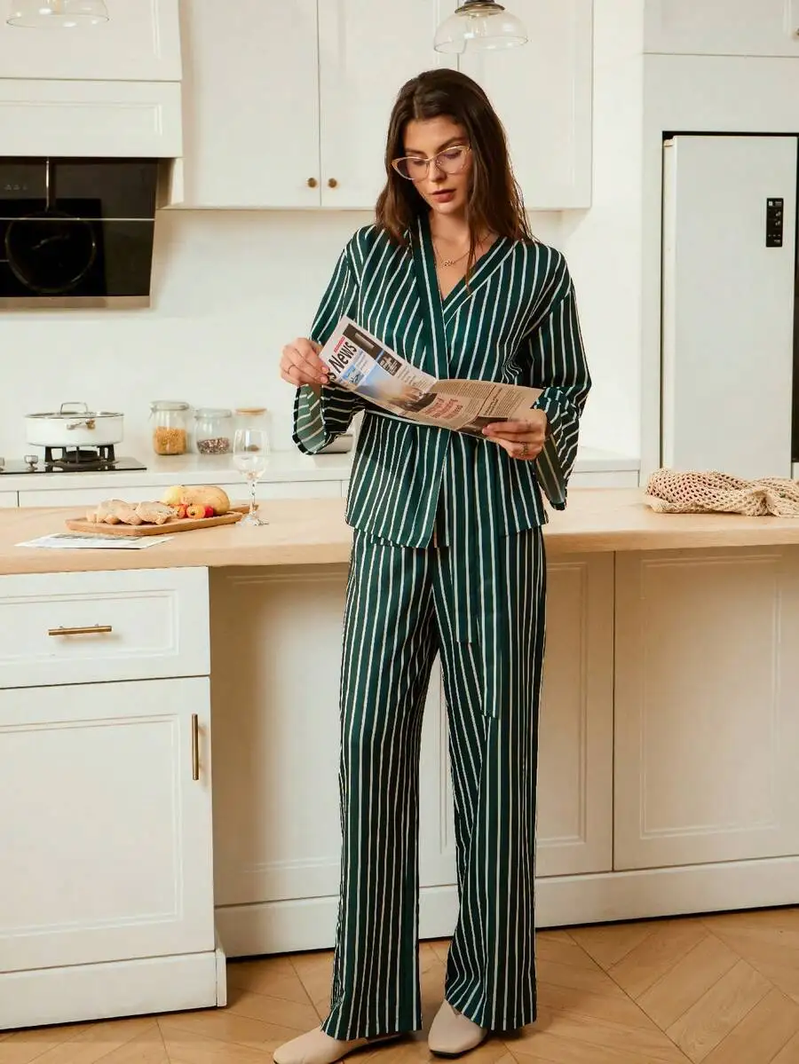 

Striped Crossover Collar Belted Long Sleeve Sleep Top And Wide Leg Pants Women Pajama Set