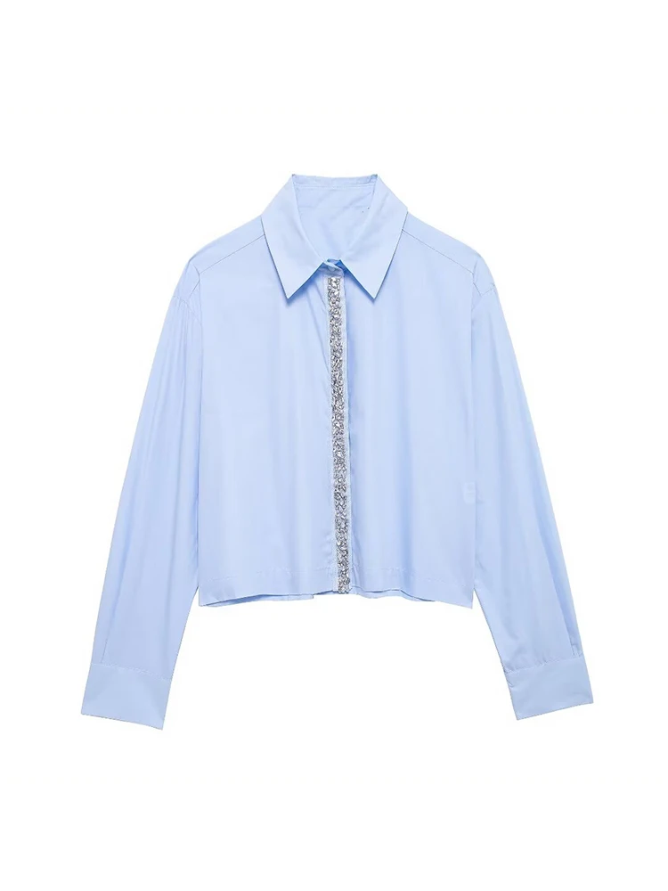 

KUCLUT Women Fashion Chic Jewelled Cropped Poplin Shirt Female Hidden Buttons Lapel Collar Shirts Ladies Casual Tops
