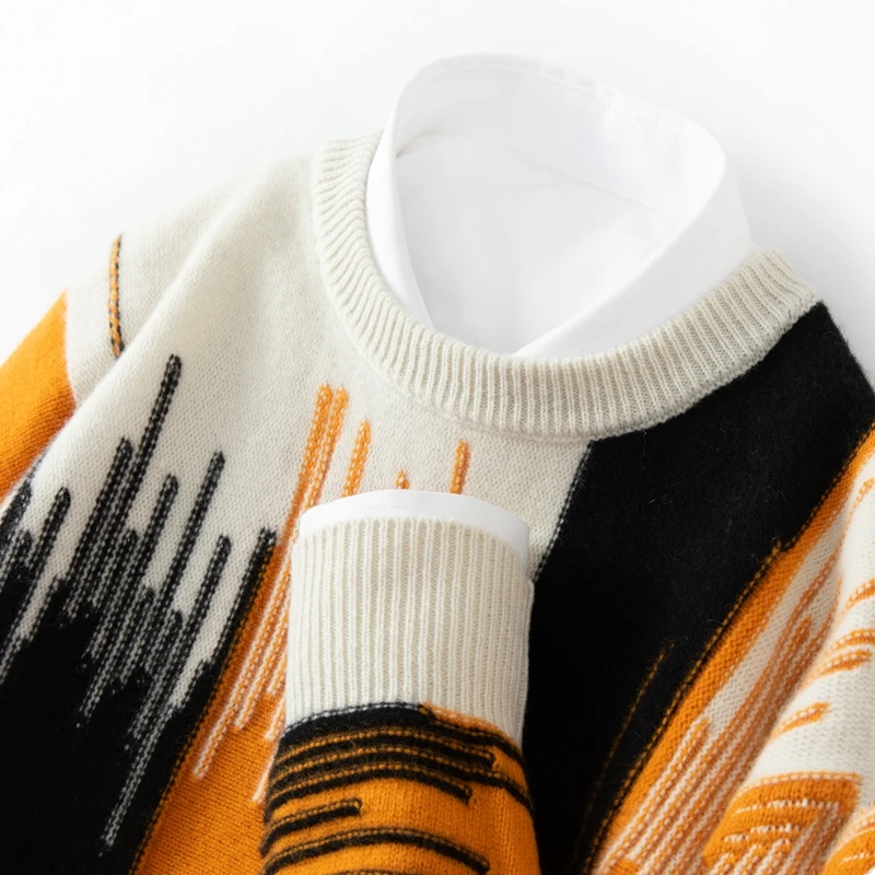 Autumn And Winter New 100% Pure Wool Men's Round Neck Contrast Thick Warm Sweater Loose Cashmere Knit Bottoming Shirt