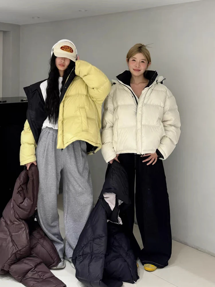 Winter Chic Patchwork Hooded Puff Down Jacket Women 90%White Duck Down Loose Down Jacket Female Zipper Drawstring Parker Outwear