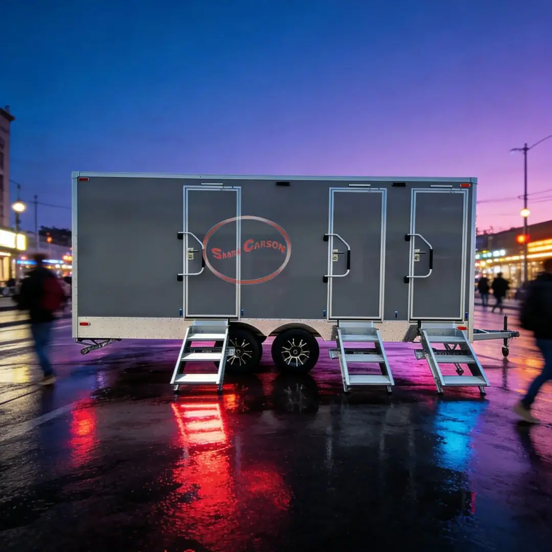 Portable Restroom Trailer 3 Compartments Mobile Toilet Unit for Wedding Camping Stainless Steel Interior