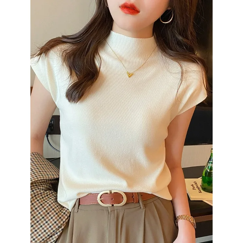 Semi-turtle Neck Short-sleeved T-shirt Women's 2024 Summer New Solid Color Simple Commuter Temperament Knitted Chic Top