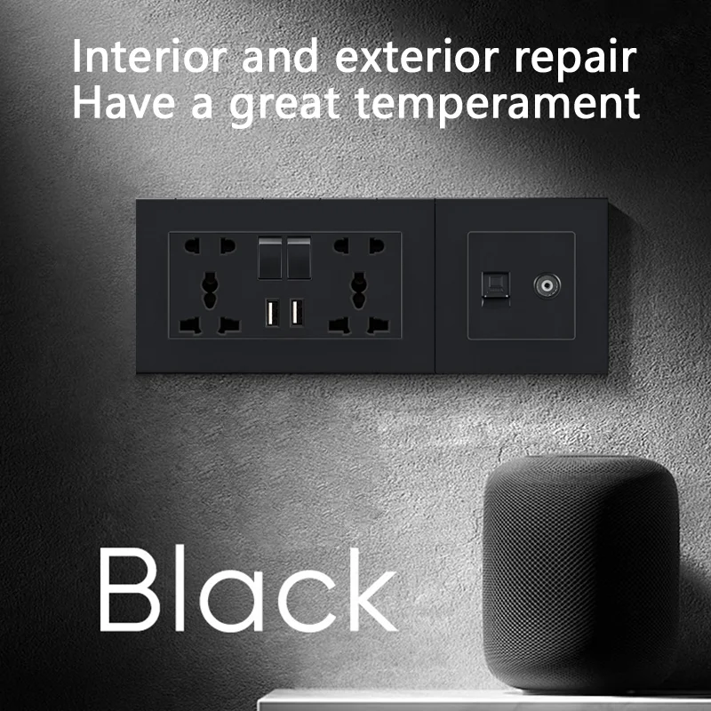 EU German Russian Standard Electrical Plug Socket Wall Power Outlet Panel 16A European RU Round Hole Power Outlet AC 250V Black