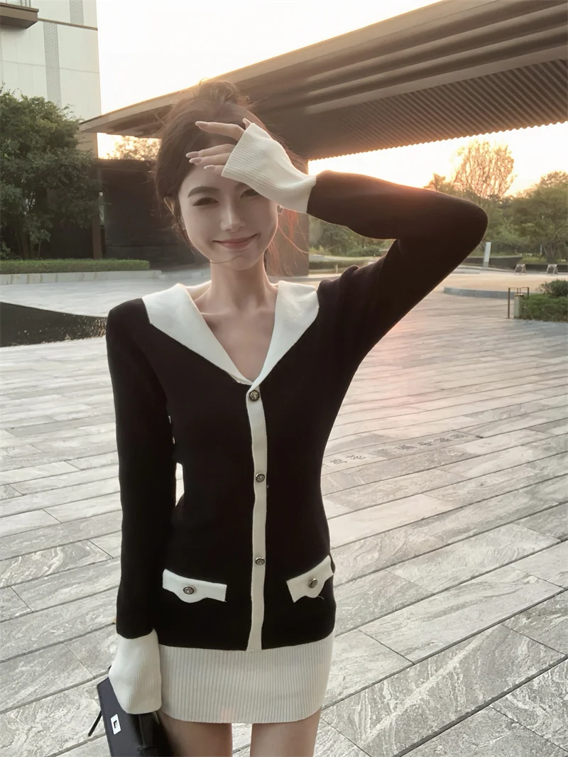 女性用Vネックニットペンシルドレス,長袖,シングルブレスト,ミニセーター,ボトムス,対照的な色,新しいファッション,秋,冬