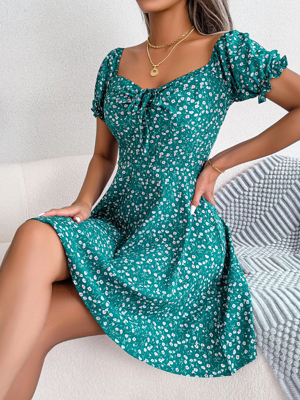 Vestido informal de manga corta con volantes para mujer, estampado Floral, línea A