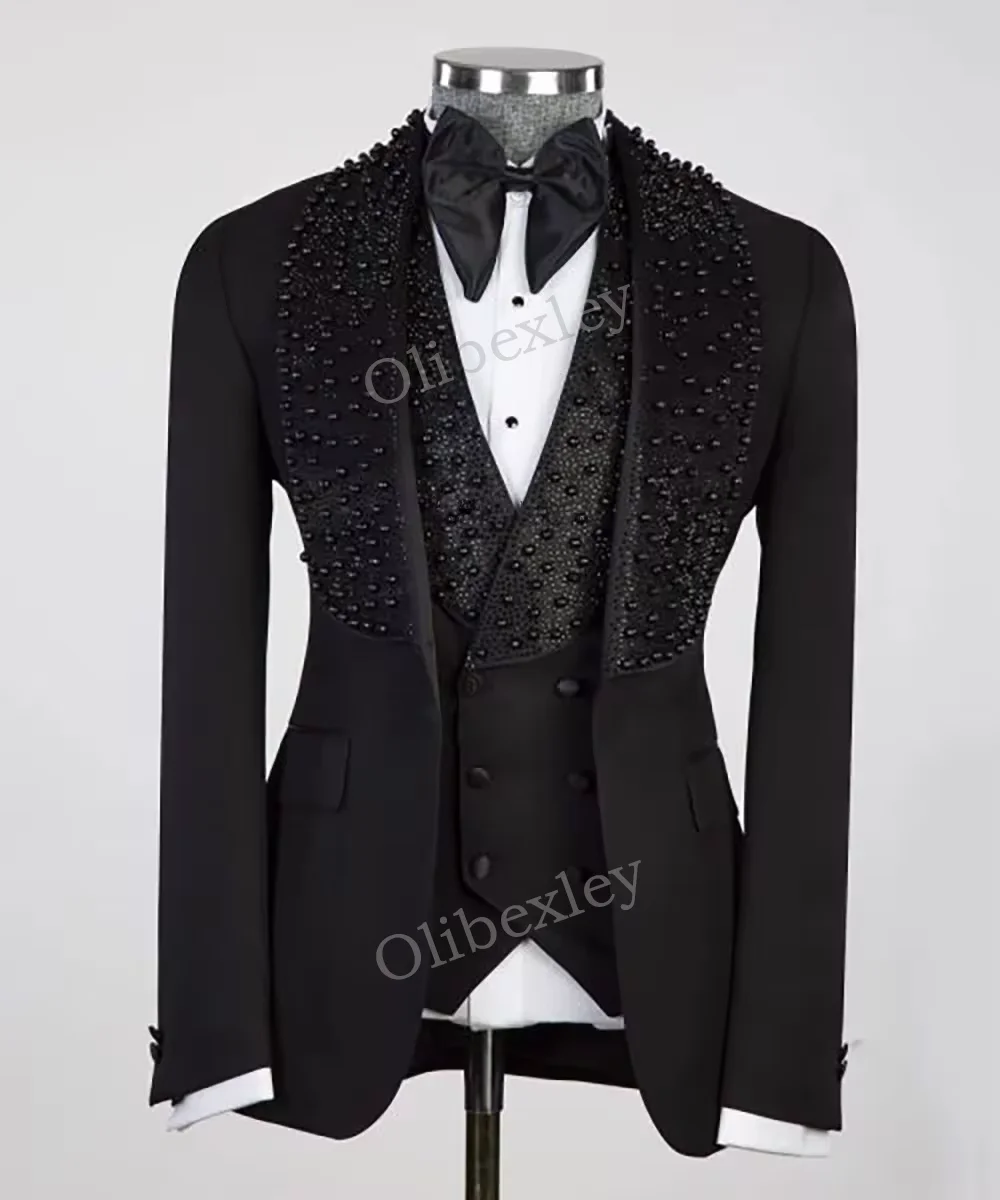 Luxury Mens Suits High Quality 3 Piece Sets Beaded Crystals One Button Tuxedos Wedding Groom Business Dinner Prom