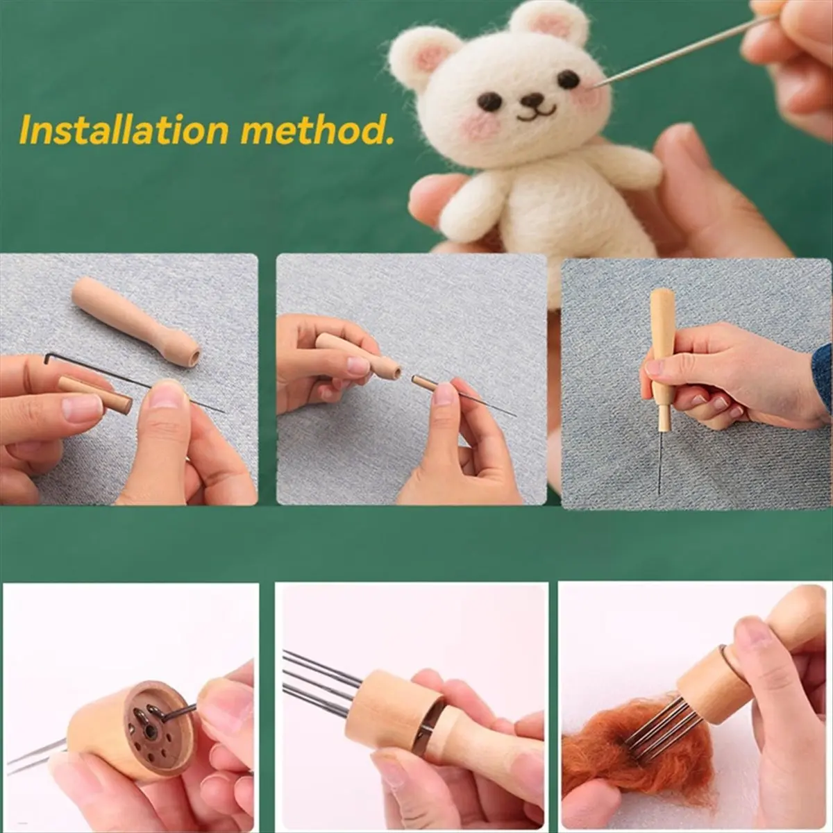 AT16 Needle-Felting Kit with 30 Felting-Needles in 3 Sizes, Wooden Handle & Finger Cots - Felting Supplies for DIY Wool Craft