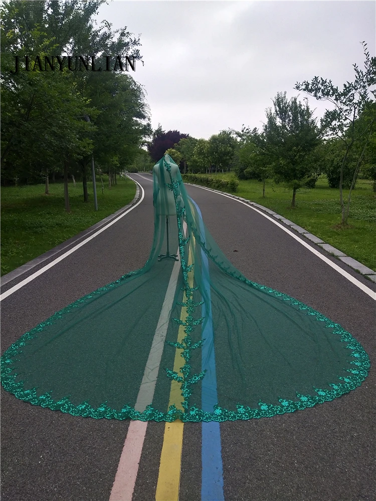 Customized Real Photos 2 Layers Sequins Lace 5 Meters Cathedral Woodland Wedding Veils with Comb 5M Long 2 T Bridal Veils