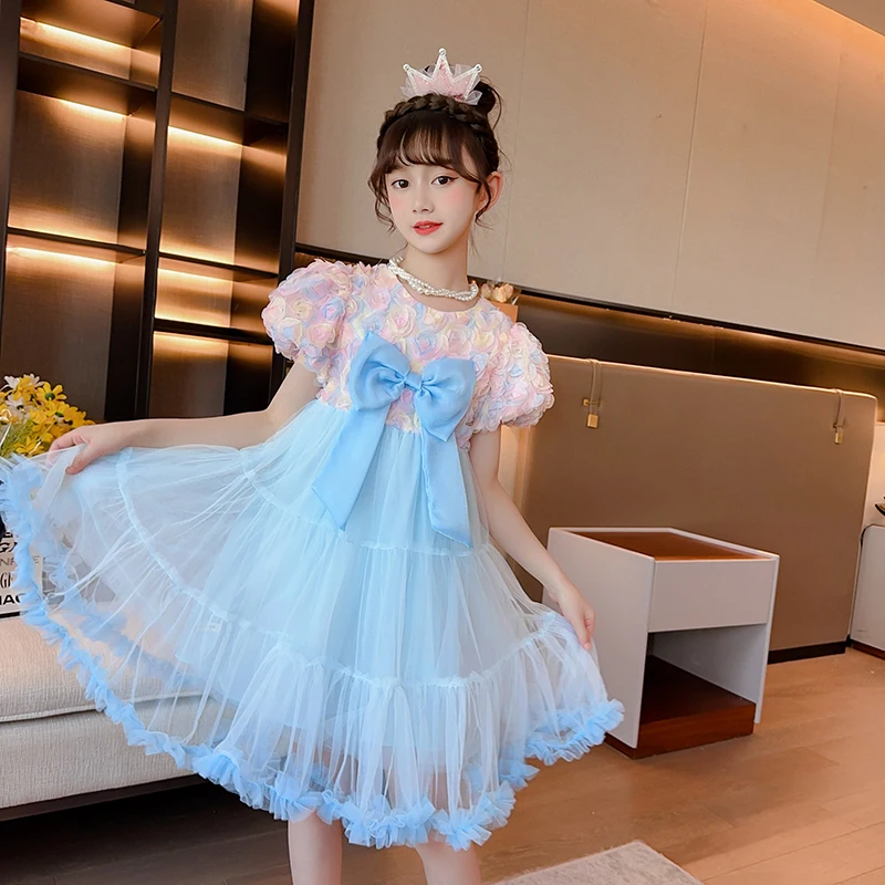 

Summer girls foreign gauze skirt performance dress 2023 cotton inner tank color mesh bow skirt temperament girls luxury dress