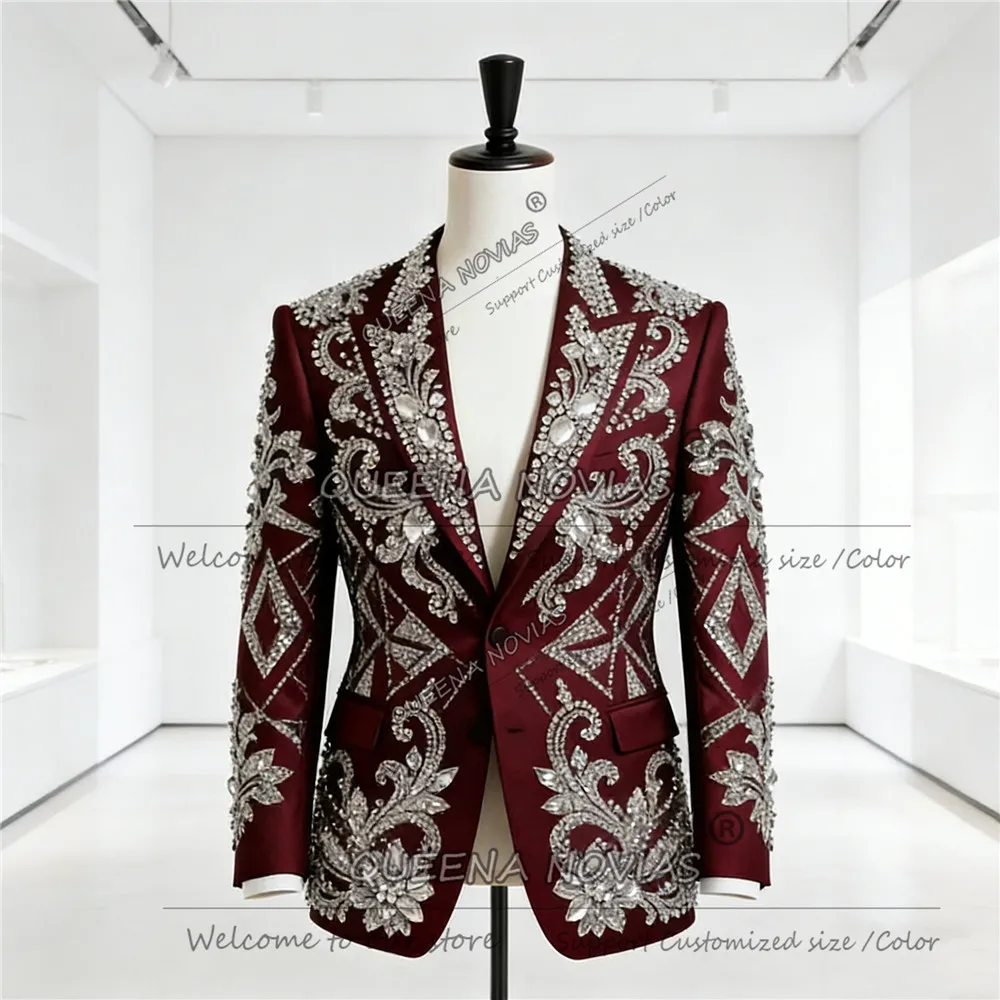 

Male Fashion Beaded Stones Suits Men Slim Fit Single Breasted Jacket Pants 2 Piece Set Groom Party Wedding Tuxedos Outfits 2026