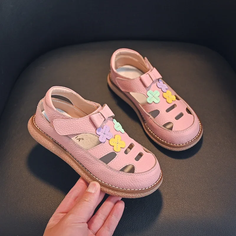 Genuine Leather Girls Sandals Fashion Appliques Flower Summer Children's Shoes Cow Leather Baby Kids Beach Sandals