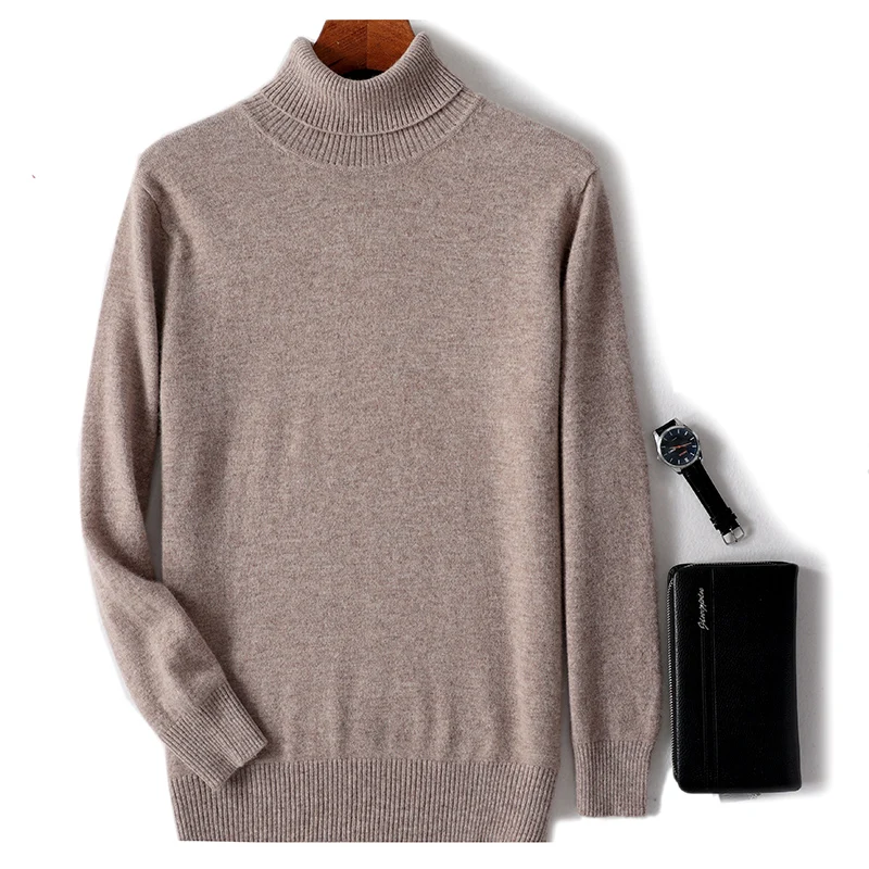 Autumn and winter new 100% pure merino wool pullover men\'s high-necked cashmere sweater thick warm loose solid color coat.