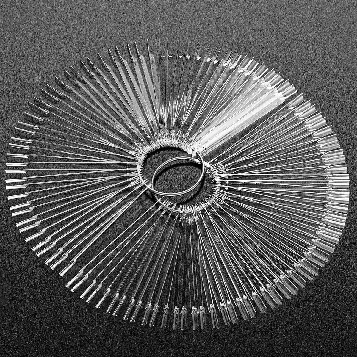 100 Fan-Shaped Nail Sample Tips, Fake Nail Art Polishing Tips, Salon Display Practice Tools with Metal Split Ring Holder