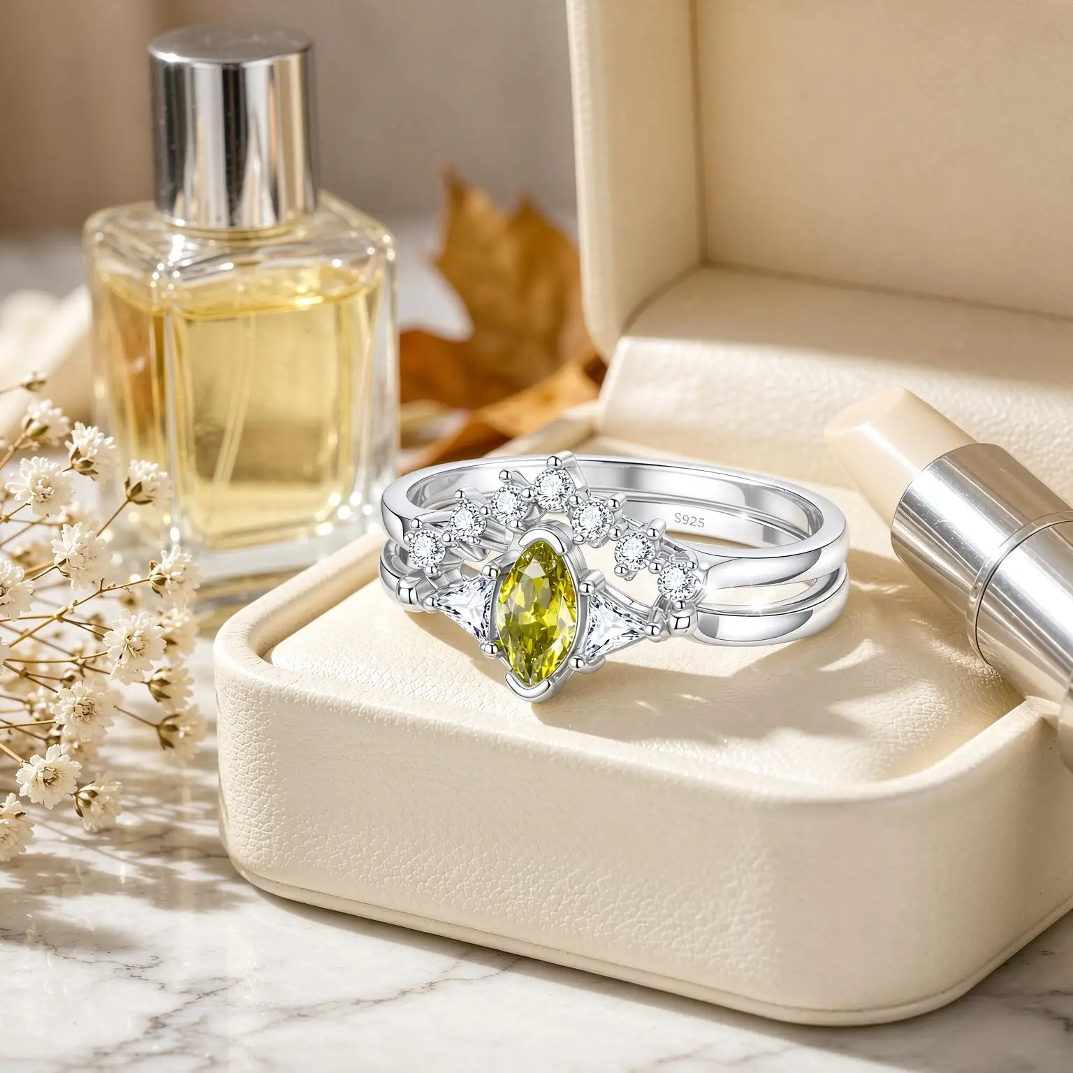 Mysterious 925 Sterling Silver Geometry Yellow Crystal Zircon Rings Set For Women Girls Anniversary Party Fashion Jewelry Gifts