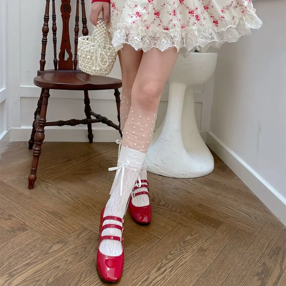 Chaussettes confortables à nœud papillon de Style français, bas en maille de coton avec nœud de Ballet, bonneterie Patchwork, mi-mollet, été