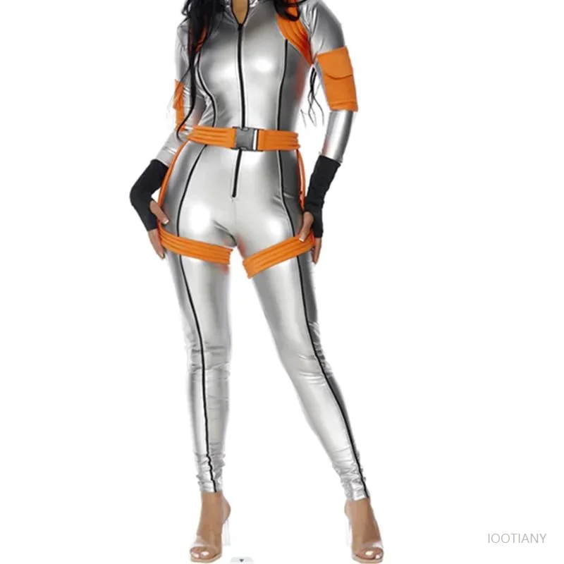 Halloween Masquerade Astronaut Jumpsuit Silver Female Spaceman Role Play Costume Carnival Party Creature Alien Robot  Masquerade