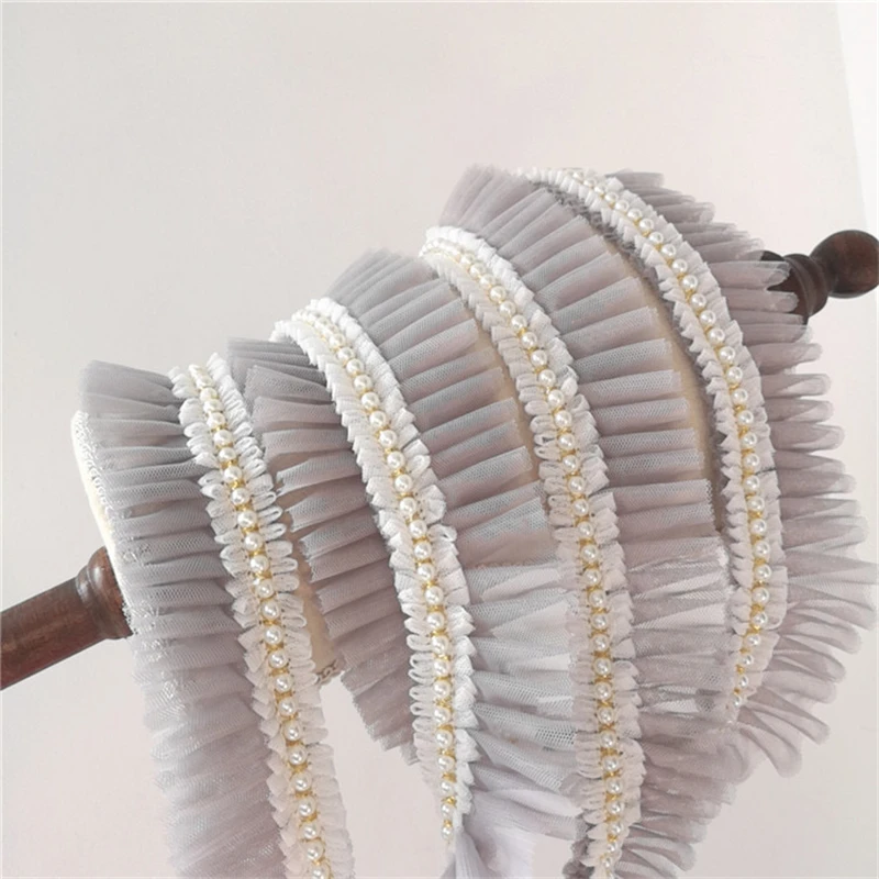 6CM Wide Double Layers Mesh Fabirc Pleated Lace Beaded Fringe Trim Ribbon Wedding Dress Garment Collar DIY Sewing Guipure Decor image 3