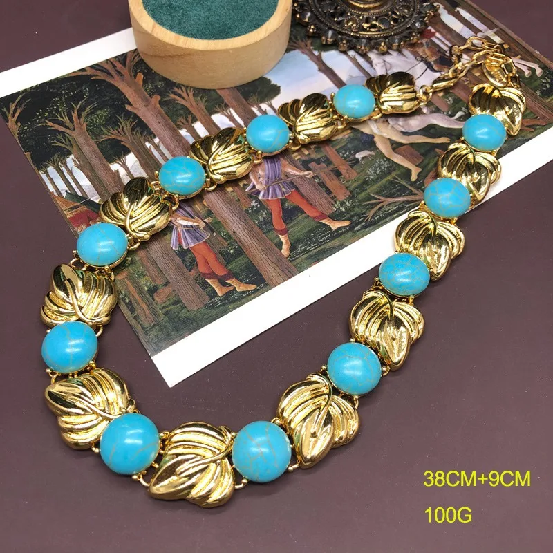 

Medieval Jewelry Plated with Real Gold, High-end Design, Neck Chain, Turquoise Short Necklace, Simple Stud Earrings, Versatile T