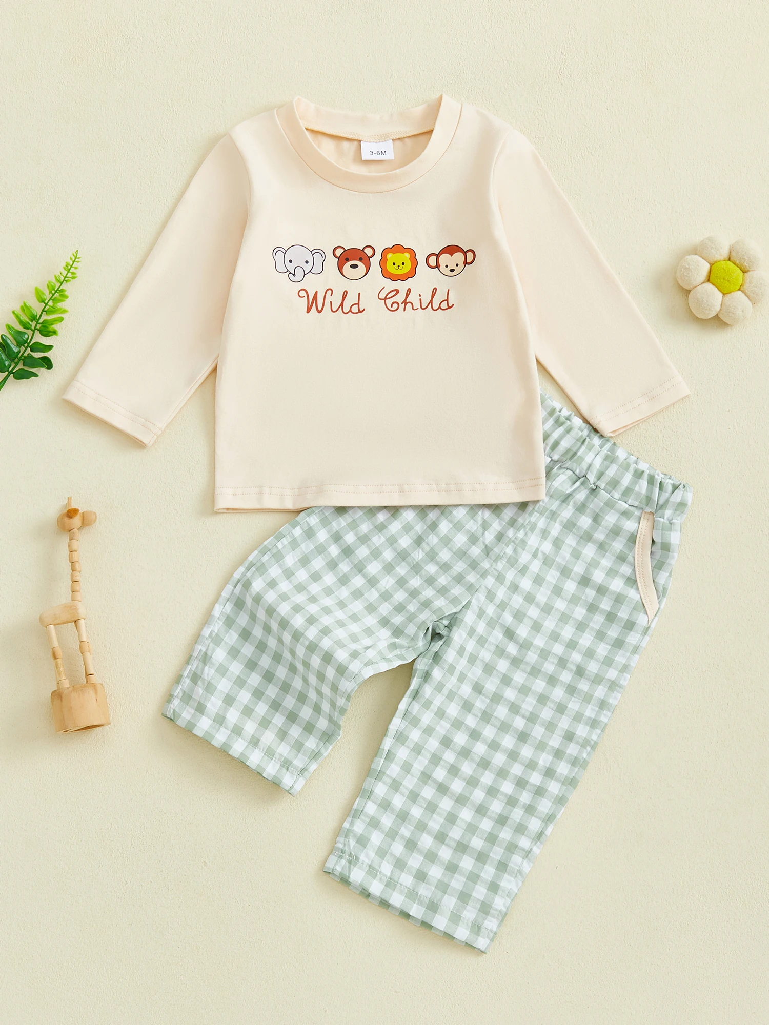 Boys 2-Piece Outfit Set with Long Sleeve Animal Embroidery Top and Plaid Pants Round Neck Fall Fashion