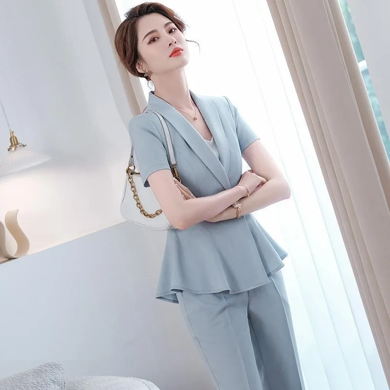 Blue Suit Jacket Women Short Sleeve 2024 Summer New Temperament Professional Tailored Suit Suit Beauty Salon Workwear Summer