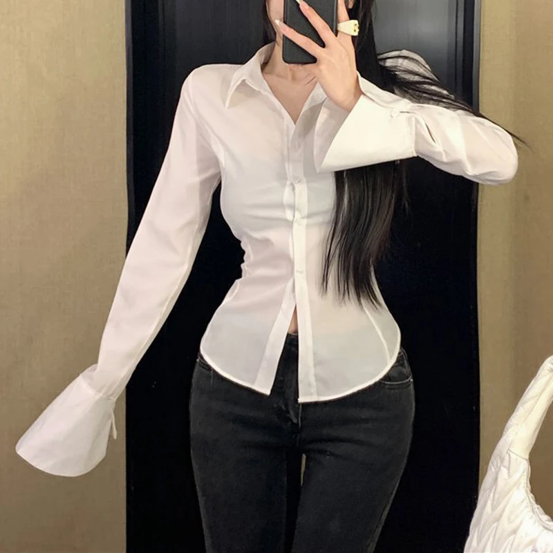 Women White Bandage Shirts Korean Sexy Slim Flare Long Sleeve Female Blouse Spring Autumn New Office All Match Ladies Tops