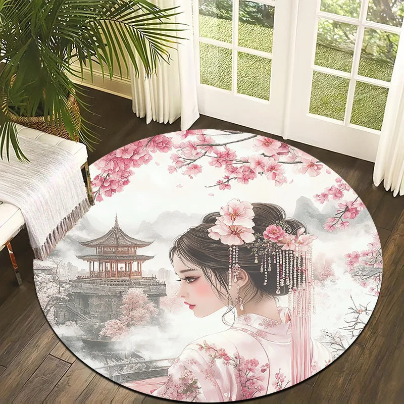 Cherry Blossom Ladies Theme Flannel-printed round floor mats are slip-resistant Suitable for living room terrace garden carpets