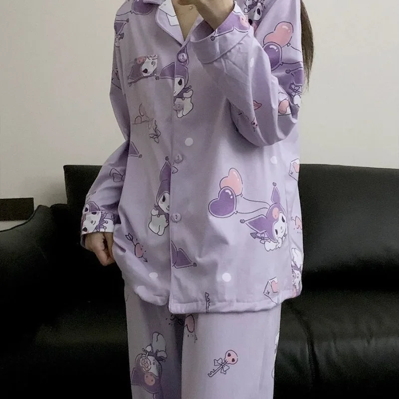 Purple Kuromi Cotton Pajamas for Girls Spring and Autumn Long-sleeved Trousers Cartoon Cute Ins Style Warm Cozy Home Clothes Set