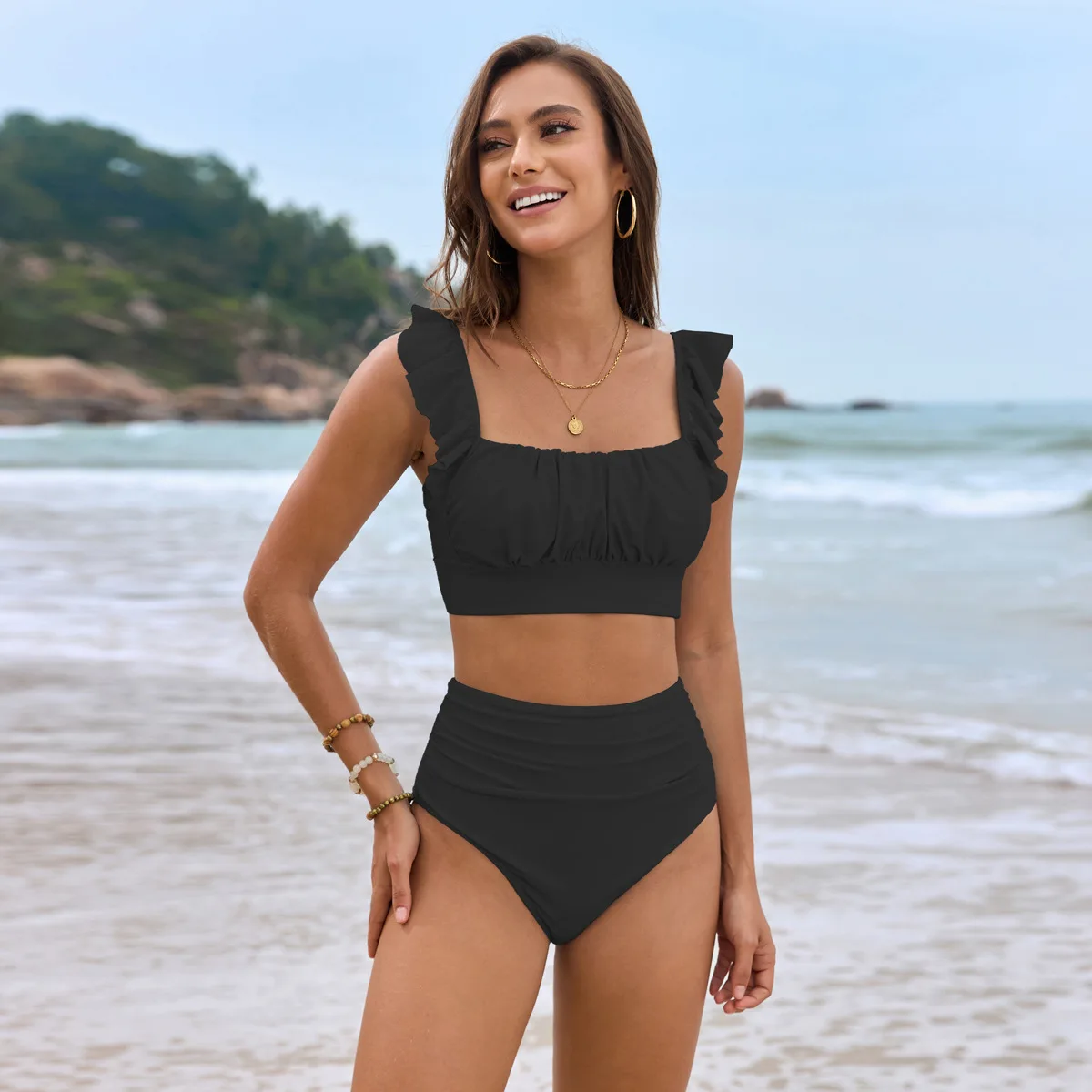 

Сексуальное бикини-бандо с рюшами и пуш-ап, женский купальник Falbala с плечами, плиссированный комплект из 2 предметов, купальный костюм с высокой талией, пляжная одежда