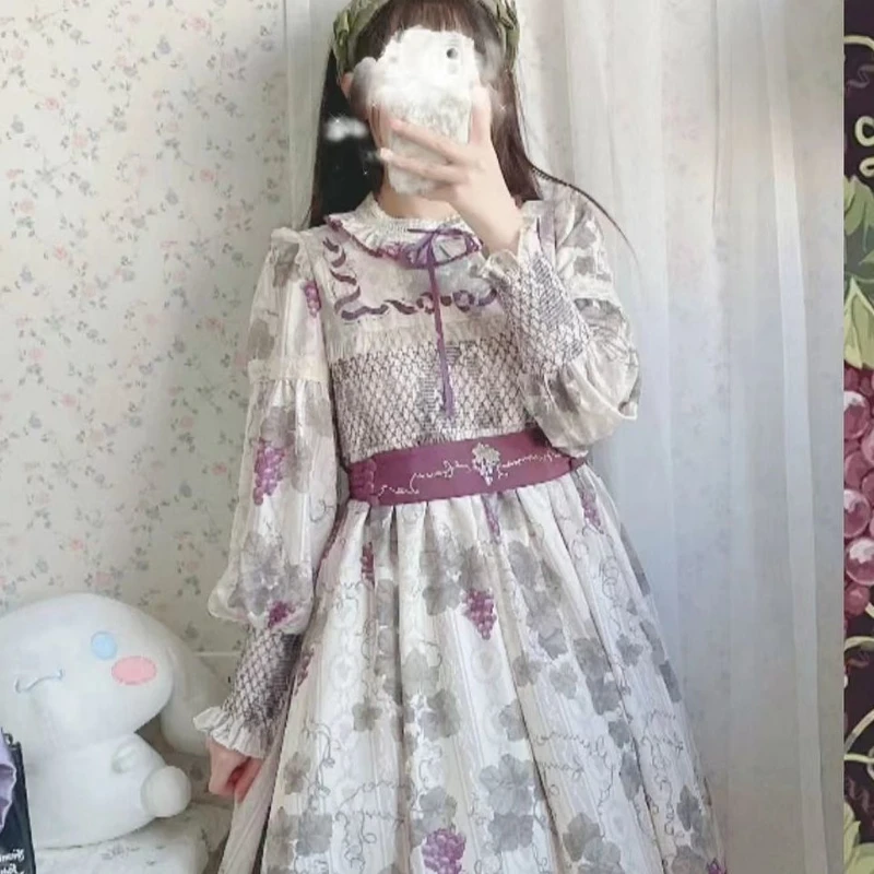 Retro Victorian Lolita OP Dress Gothic Women Chic Grape Print Long Sleeve Princess Dress Elegant Girly Harajuku Y2k Party Dress