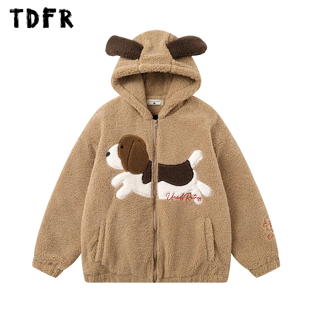 Puppy Embroidery Sherpa Padded Jacket Mens Casual Winter Thick Hooded Long Sleeve Quilted Jacket Men