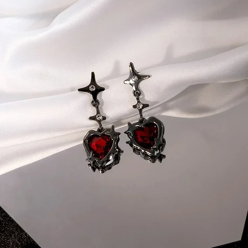 Y2K Goth Heart Cross Star Pendant Earrings Women Red Zircon Love Dangle Earring Gothic Irregular Tassel Earrings Fashion Jewelry
