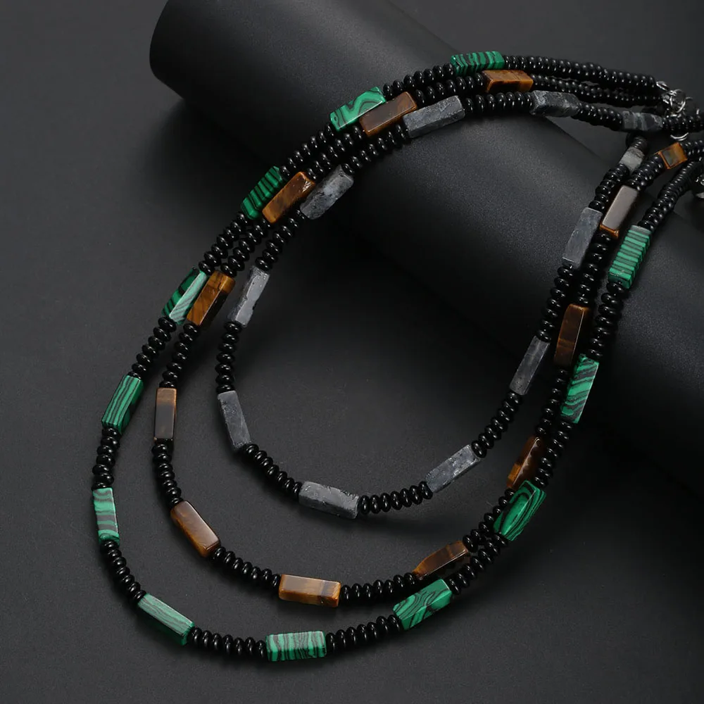1PC New Design 4MM Natural Tiger Eye Stone Necklace for Men Flash and Green Peacock Stone Beaded Necklace Man Jewelry