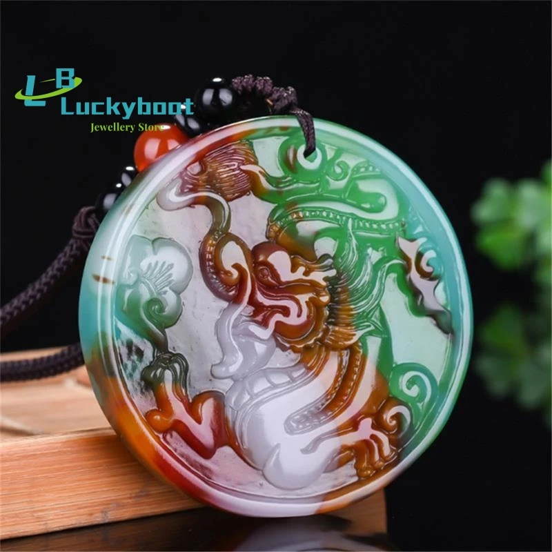 

Xinjiang Natural Gobi Golden Silk Jadeite Lucky Seven-coloured Round Carved Dragon Zodiac Pendant Amulet Chicken Blood Jadeite