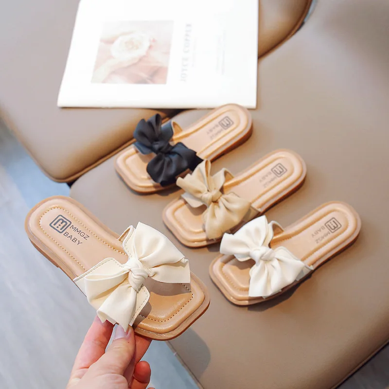 2023 Korean Style Girls Slippers Bow Elegant Fashion Kids Shoes Drop Shipping Simple Non-slip Spring New Chic Children Shoes PU